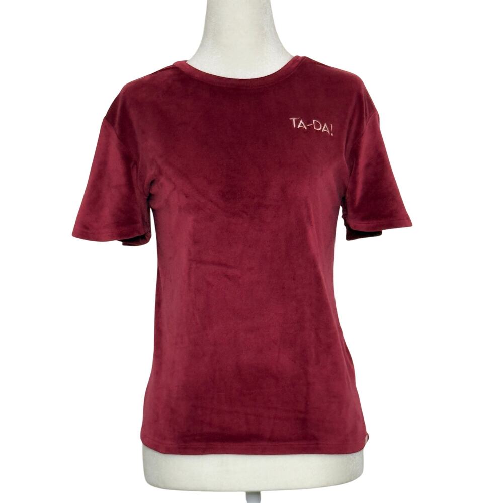 Sovereign Code LA Juniors Women Small Velour Wine TA-DA! Embroidered Top Retro